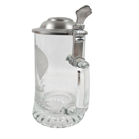 Alwe Beer Stein Pewter Lid 12m Racing Sloop Etched Clear Glass Germany Old Spice - Picture 2 of 10